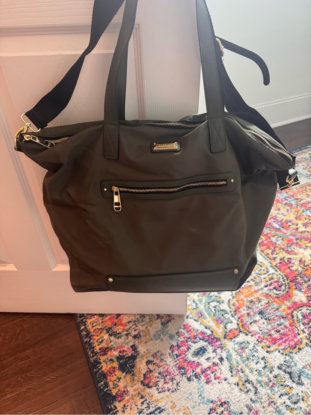 Madden Girl Olive Tote with Front Zip and Gold Hardware